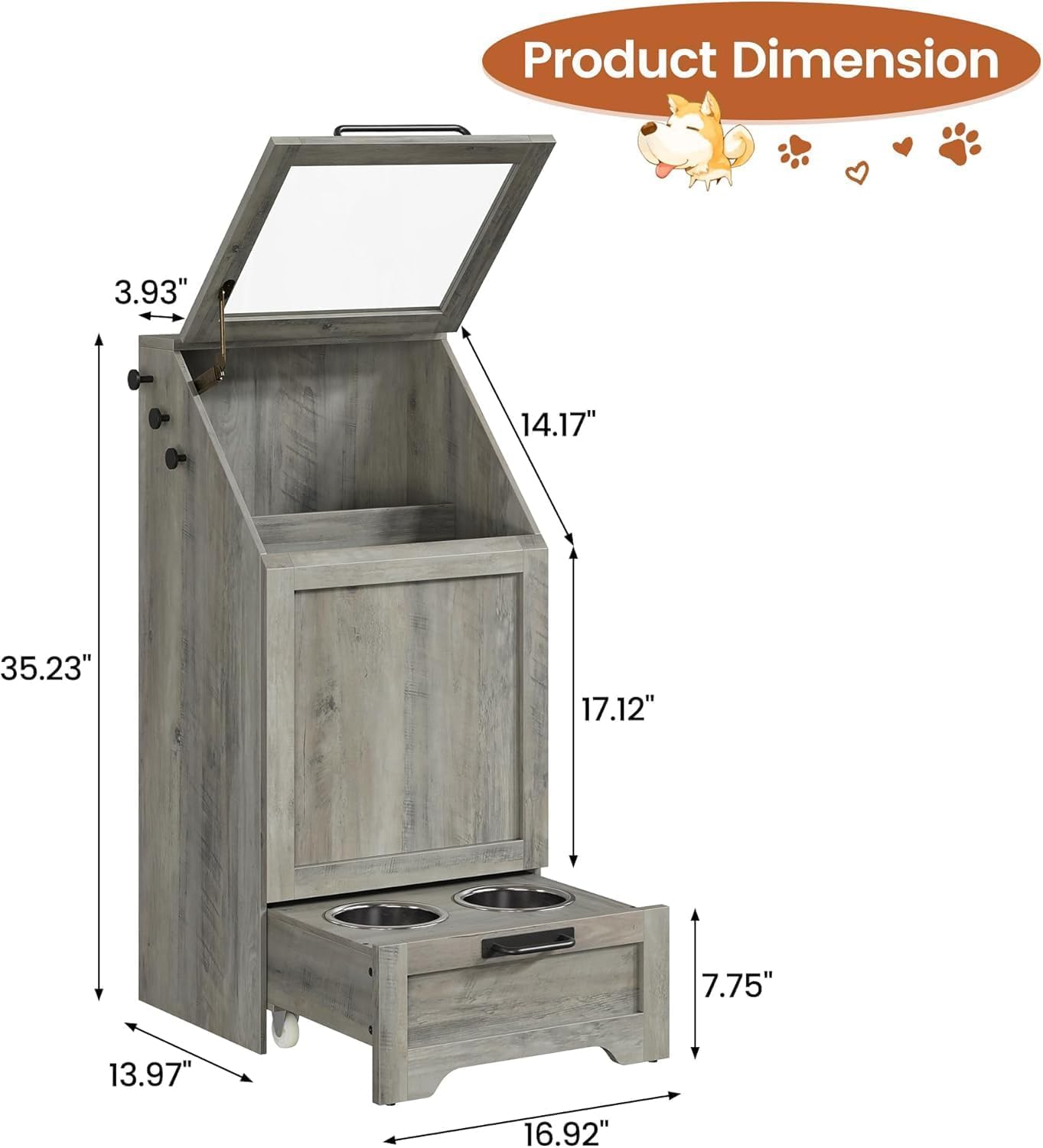 Pet Feeding Station with Raised Bowls and Food Storage Cabinet