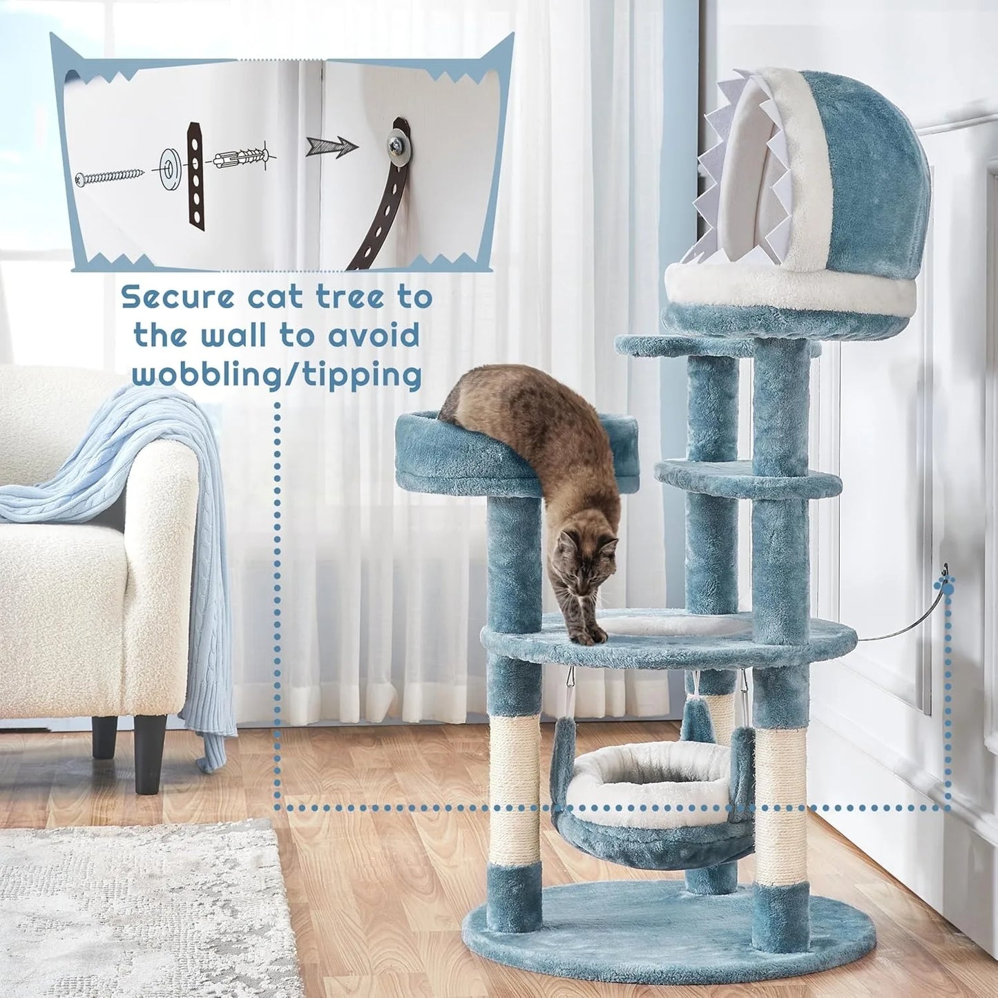 45.5in Ocean-Themed Cat Tree Multi-Level Cat Tower, Plush Pet Furniture with Shark's Mouth-Shaped Nest, Sea Star-Shape