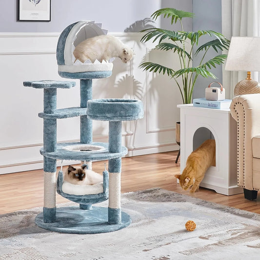 45.5in Ocean-Themed Cat Tree Multi-Level Cat Tower, Plush Pet Furniture with Shark's Mouth-Shaped Nest, Sea Star-Shape