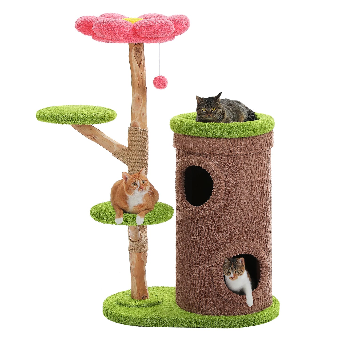 Large Cat Tree with 4 Spacious Condos Thick Scratching Post Flower Top Bed, Indoor Luxury Cat House