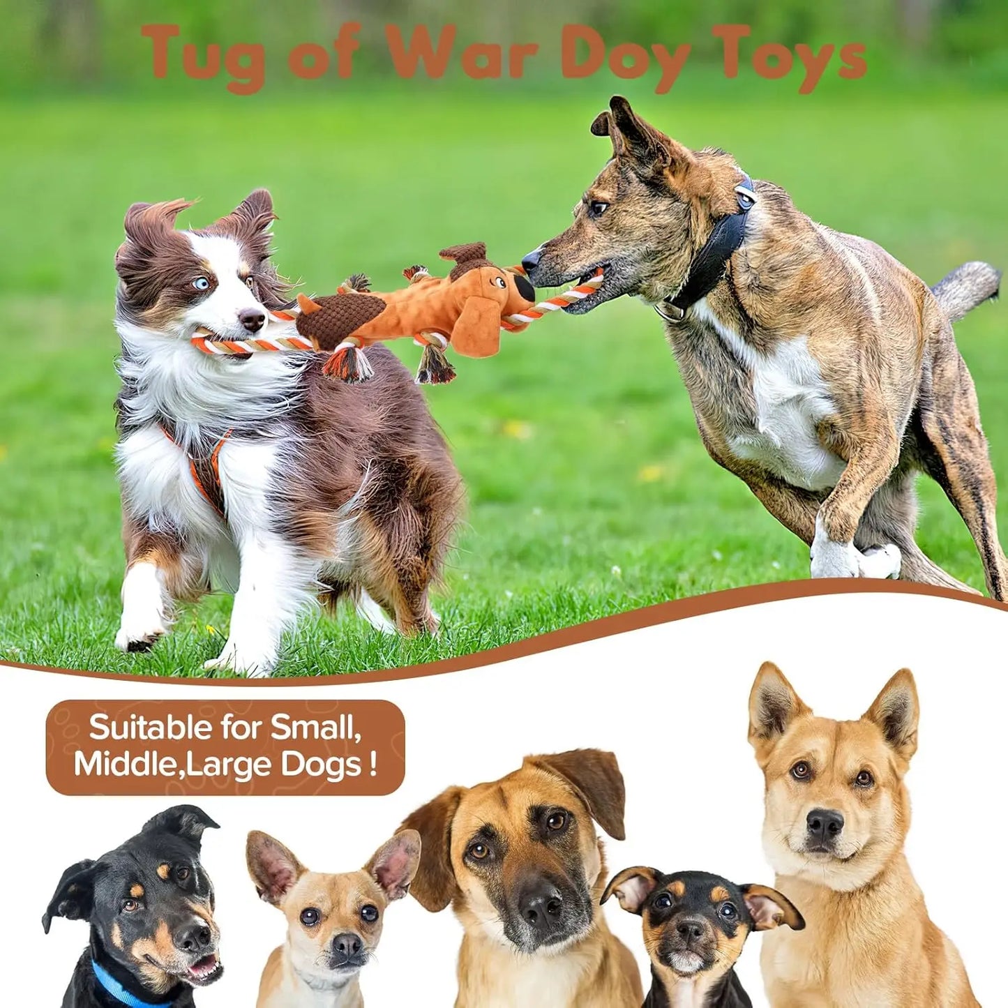 Squeaky Dog Toys with Pull Rope for All Sizes, Interactive Tug of War Plush toy