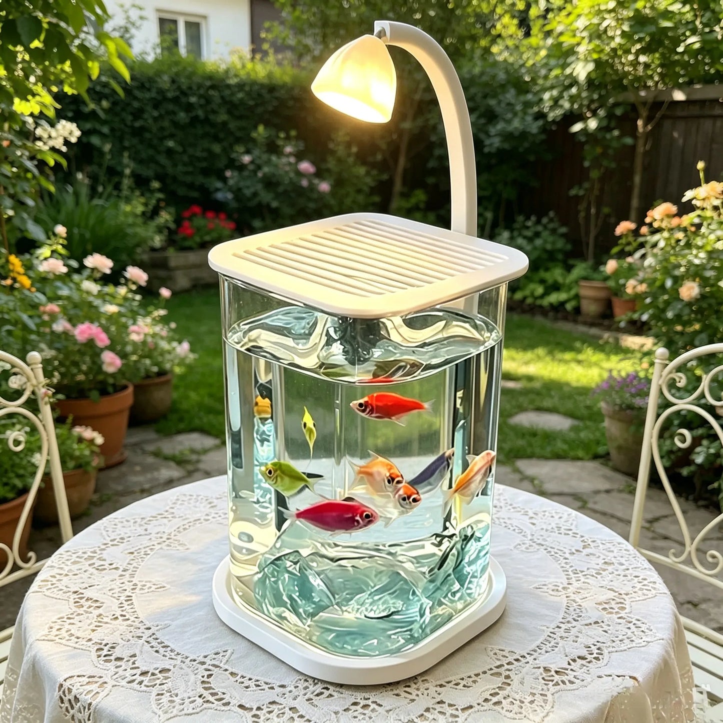 Transparent Mini Fish Bowl Desktop Creative Ecosystem Betta Tank, Crystal Stone Pearl Rhinestone Landscape Decor