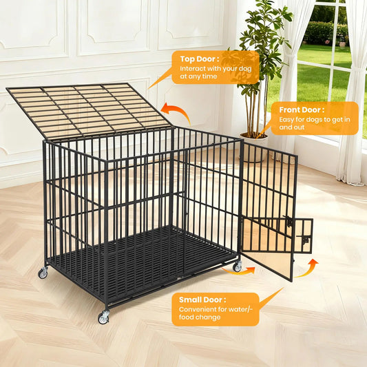 Heavy Duty Escape-Proof Metal Dog Crate with 3 Doors, Removable Tray, Locking Wheels