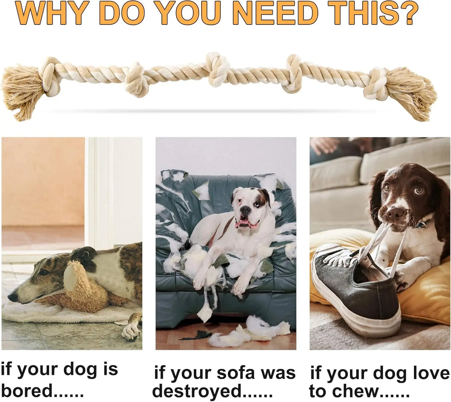 Durable Cotton Dog Rope Toy for Aggressive Chewers, 3 Feet with 5 Knots, Tug of War and Teeth Cleaning