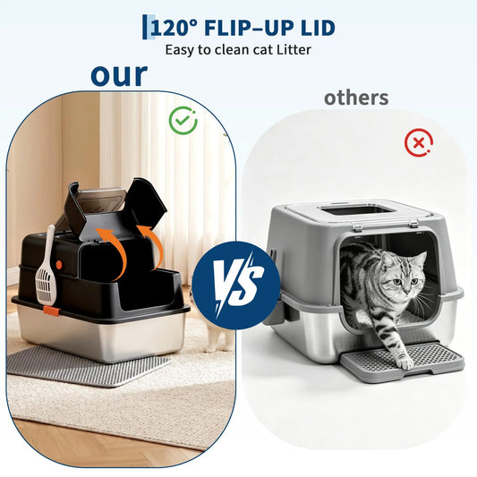 Enclosed Stainless Steel Litter Box With Lid - Dog Proof XL High Sided Anti Leak Front Entry Top Exit For Big Cats Includes