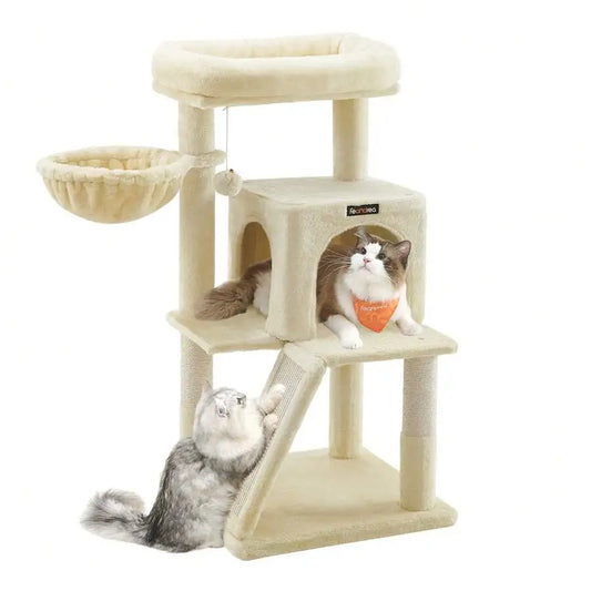 37.8-Inch Cat Tower, Multi-Level Condo With Widened Perch, Scratching Posts And Ramp, 2-Door Cave, Hammock