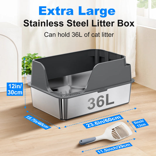Stainless Steel Cat Litter Box, Extra Large Splash-proof & Leak-proof Litter Box Suitable for Large Cats