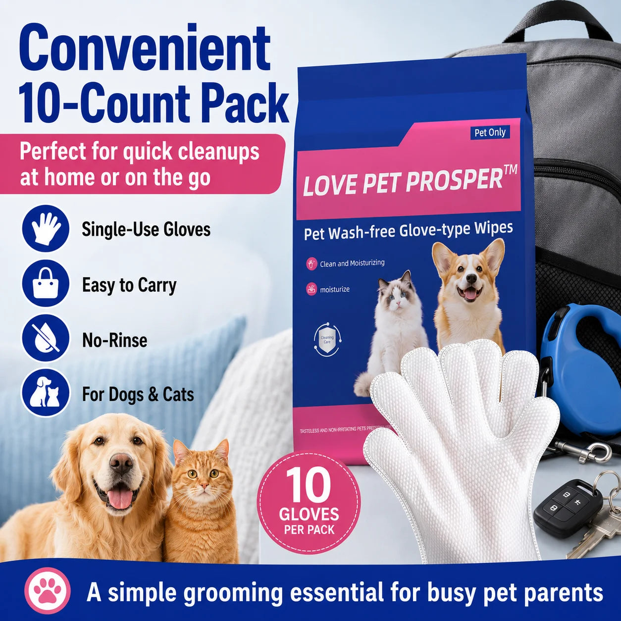 Disposable Textured Pet Bath Wipes for Paws, Coat, Dander & Odor Control, Soft Moisturizing Deodorizing Pet Wipes, 10 Count