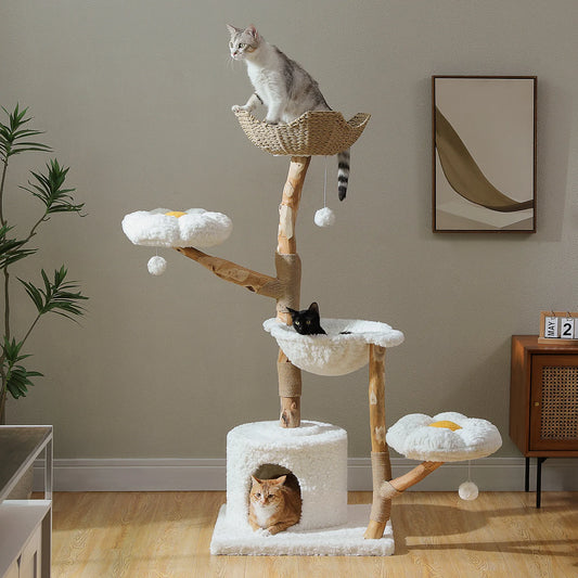 Large Cat Tree Tower with Sisal Scratching Post Wicker Basket Bed Flower Cat Condo