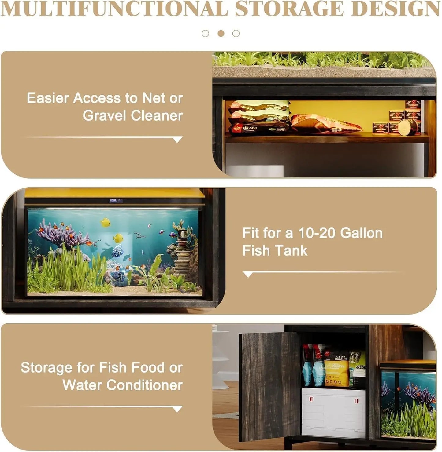 Heavy Duty Aquarium Stand with Power Outlets, LED Light & Cabinet Storage for 55-75 Gallon Fish Tanks