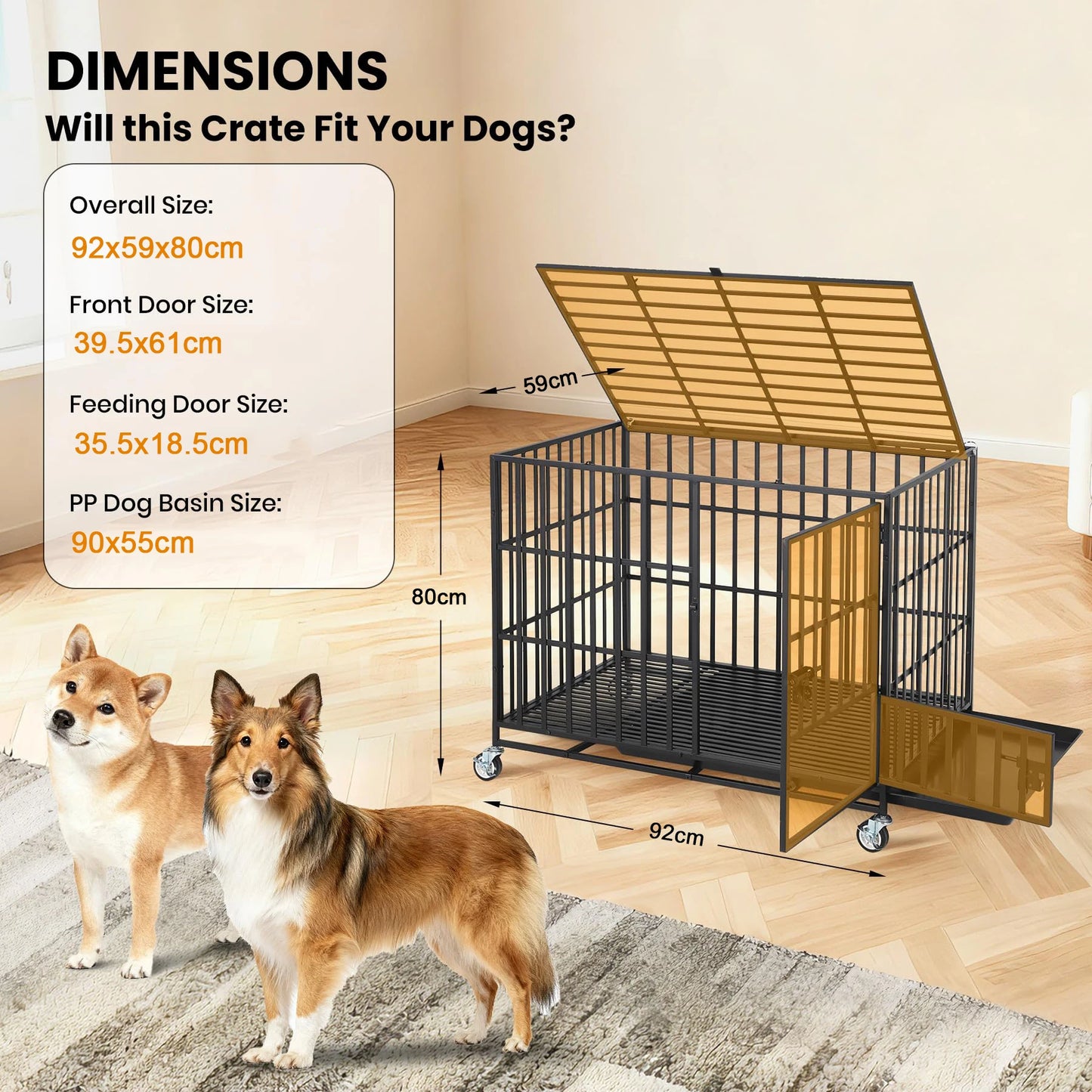 Heavy Duty Escape-Proof Metal Dog Crate with 3 Doors, Removable Tray, Locking Wheels