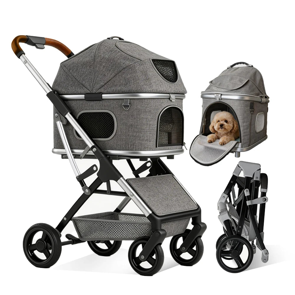 Pet Stroller for Medium Dogs & Cats Up to 55lbs, 2-in-1 Convertible Design with Removable Carrier & One-Click Folding Stroller with 4Wheels