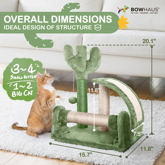 Cactus Cat Tree Tower for Indoor Cats, Green Cute 20-Inch Small Cat Tree with Thickened Base,