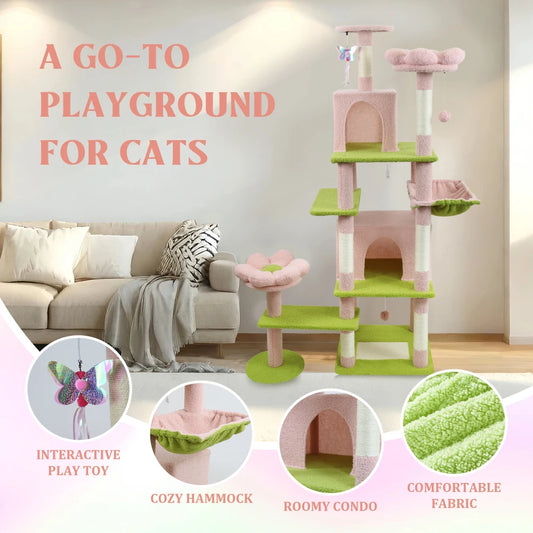 71" Tall Flower Cat Tree for Large Cats, 7-Level Climbing Tower with Extra Large Condo & Wide Hammock, Unique Horizontal Scratching Pad,