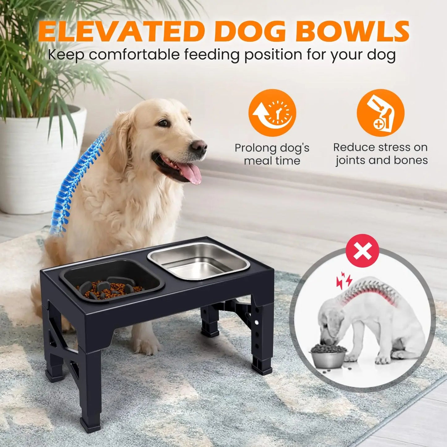 2-in-1 Elevated Slow Feeder Dog Bowls, Non-Slip Stainless Steel/Plastic