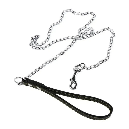 Heavy Duty Metal Chain Dog Lead With Leather Handle Long Strong Control Leash