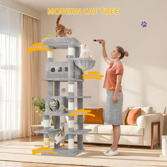 67" Tall Cat Tower For Indoor Cats, Multi-Level House With Condo, 8 Scratching Posts, Hammock, 4 Pom Pom