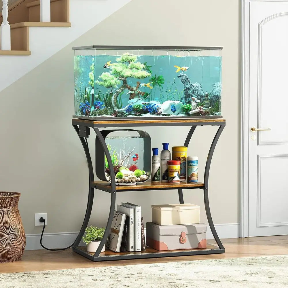 20 Gallon Fish Tank Stand with Power Outlet, 3-Tier Aquarium Stand with Storage, Heavy Duty Metal Tank Rack 31.5"