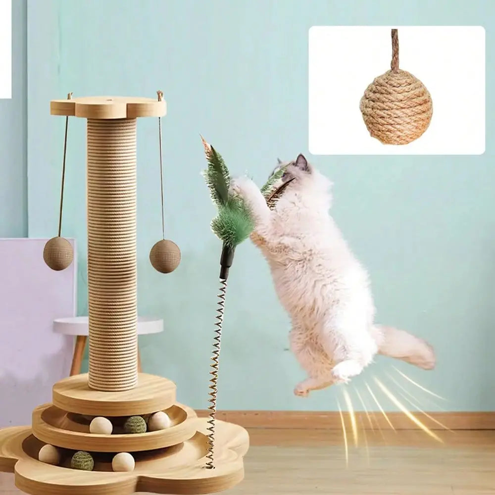 Interactive Indoor Cat Sword Hemp Rope With Scratch Board, 4In1 With 2Layer Interactive Hanging Track Ball