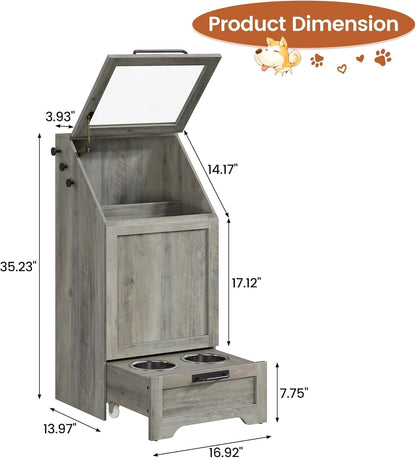 Pet Feeding Station with Raised Bowls and Food Storage Cabinet
