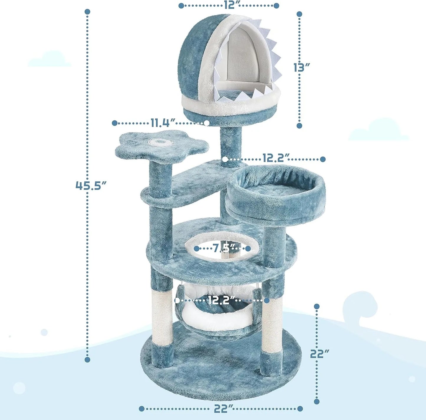 45.5in Ocean-Themed Cat Tree Multi-Level Cat Tower, Plush Pet Furniture with Shark's Mouth-Shaped Nest, Sea Star-Shape