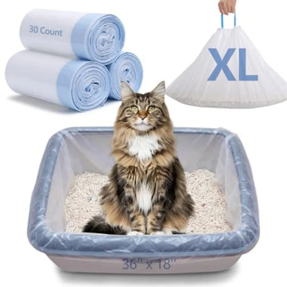 30 Count Cat Litter Box Liners With Drawstring Heavy-Duty Extra-Thick Bags Tear And Leak Resistant Odor Barrier