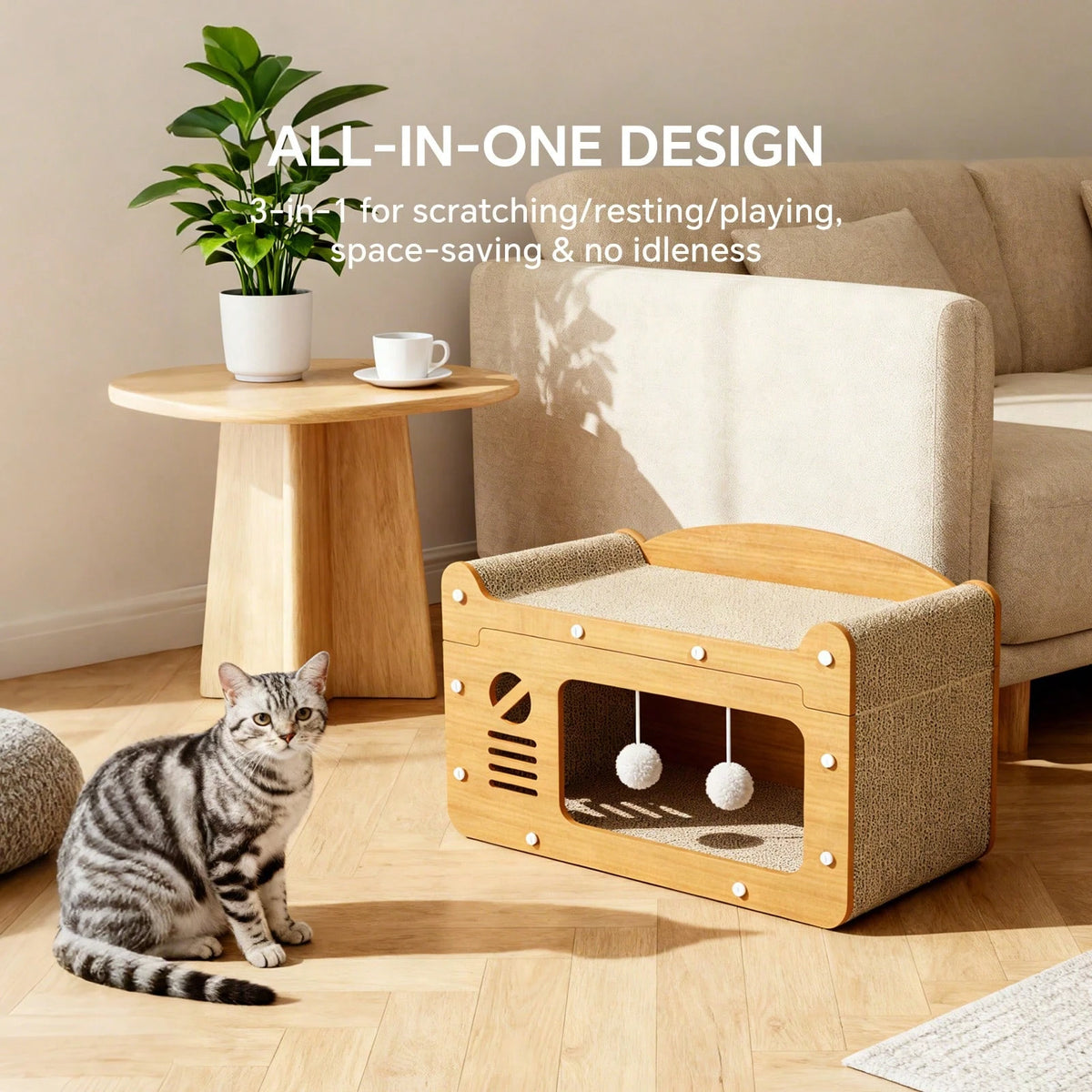 2 In 1 Double Layer Cardboard Cat Scratcher Lounge Bed  Detachable Upper Platform With 2 Hanging Pom Pom Balls