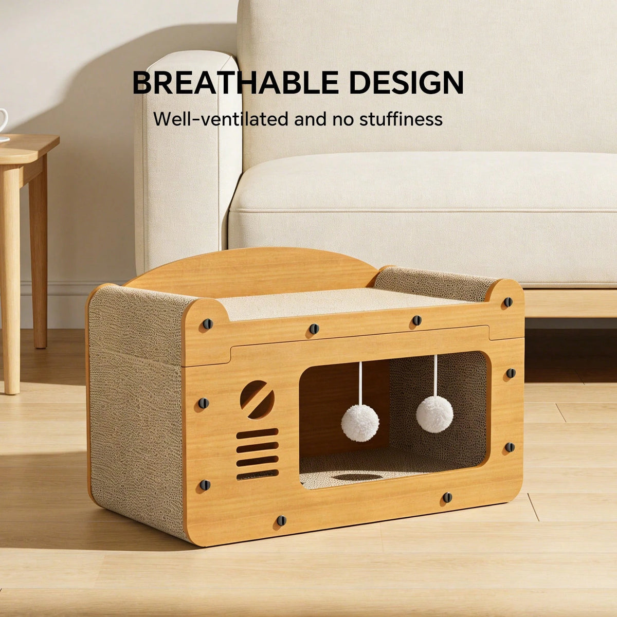 2 In 1 Double Layer Cardboard Cat Scratcher Lounge Bed  Detachable Upper Platform With 2 Hanging Pom Pom Balls