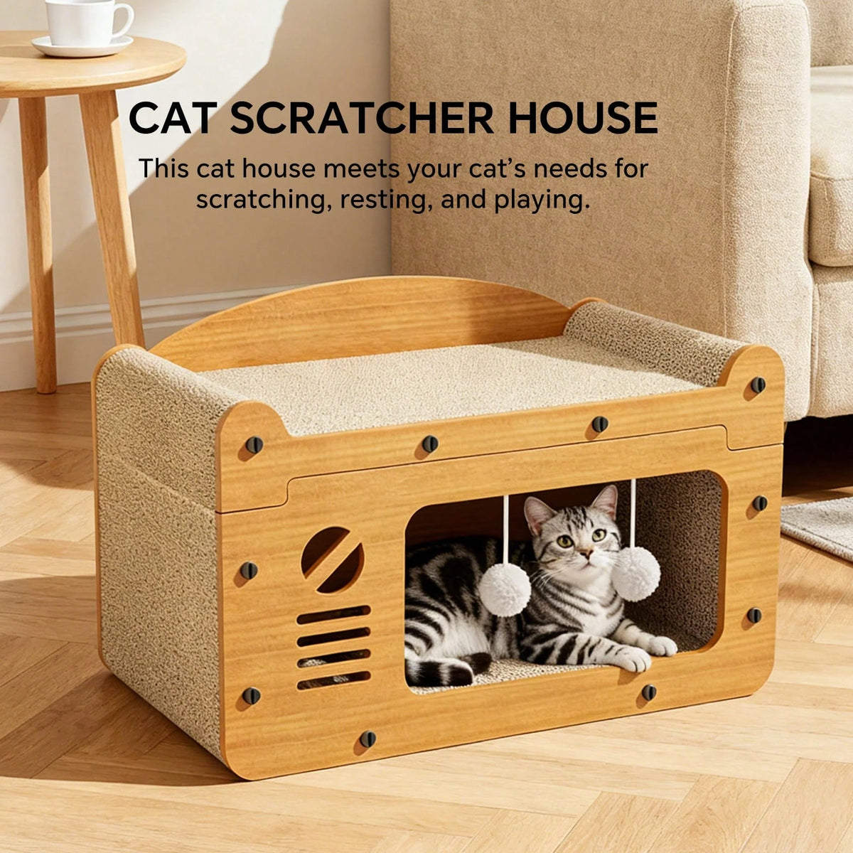 2 In 1 Double Layer Cardboard Cat Scratcher Lounge Bed  Detachable Upper Platform With 2 Hanging Pom Pom Balls