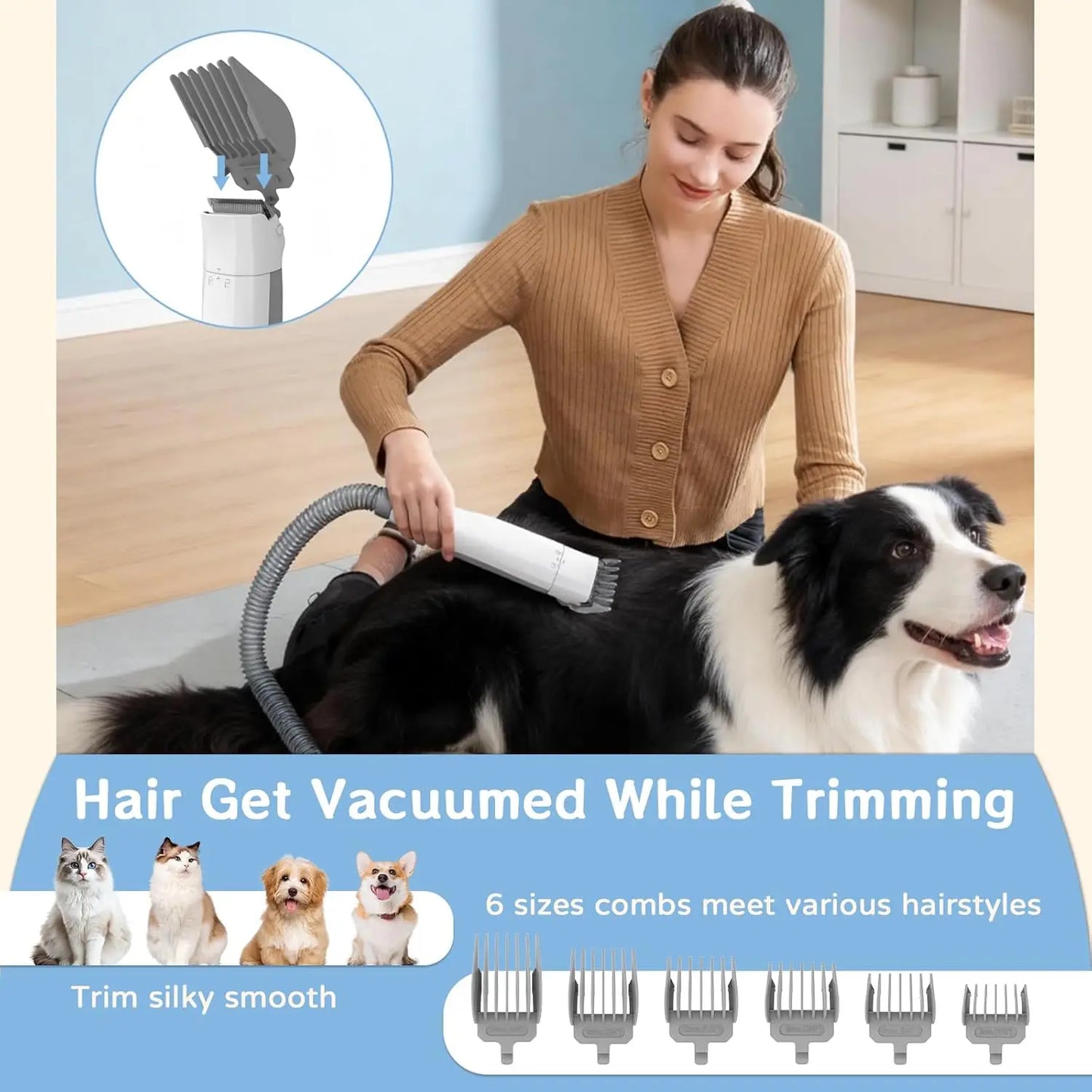 Dog Grooming Vacuum Kit 7 in 1, Cat & Dog Hair Vacuum Brush for Shedding - Includes Rollers, Deshedding Mitts, Nail & Paw Trimmer