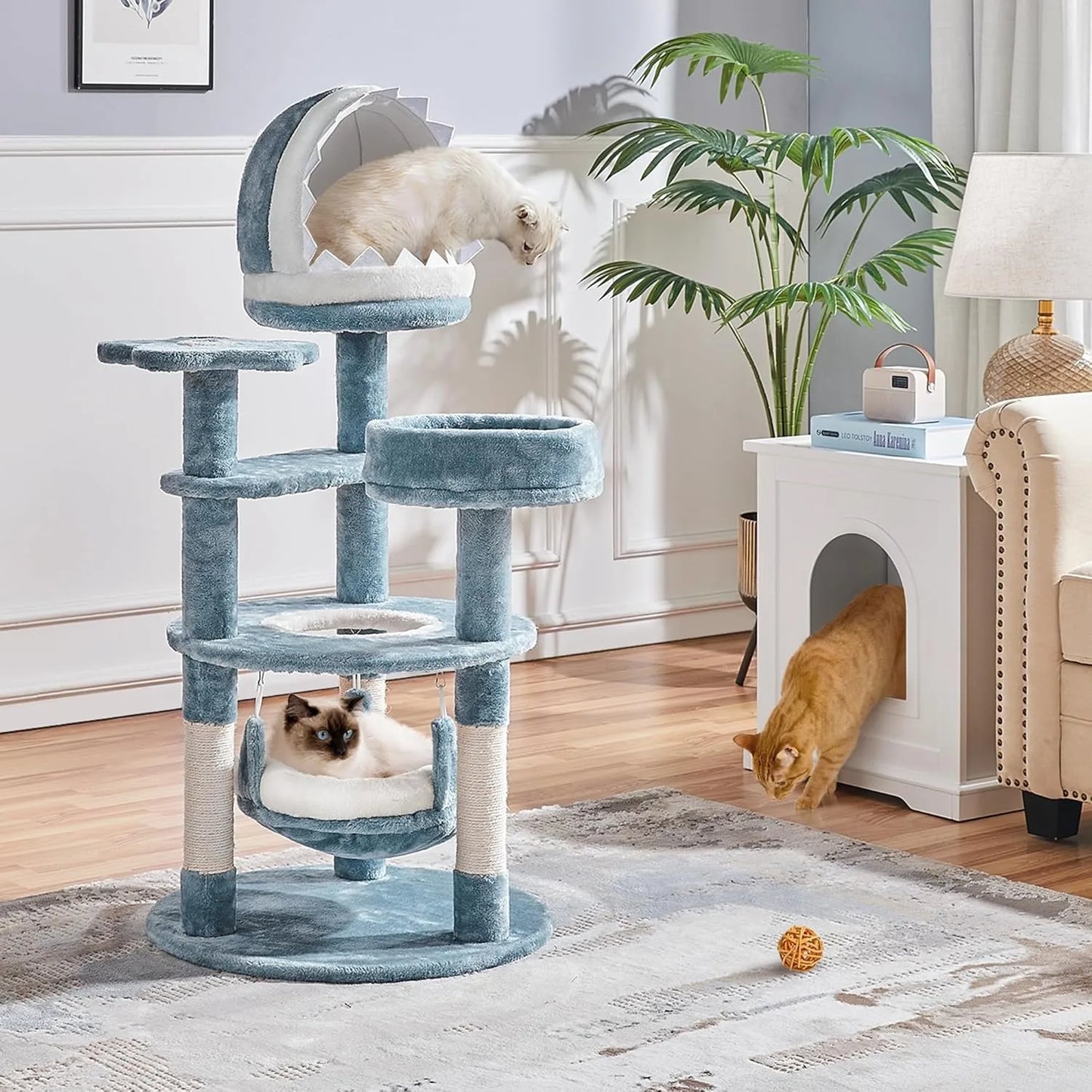 45.5in Ocean-Themed Cat Tree Multi-Level Cat Tower, Plush Pet Furniture with Shark's Mouth-Shaped Nest, Sea Star-Shape