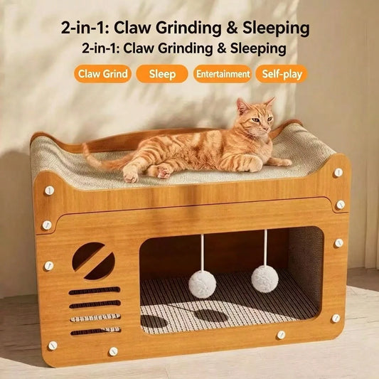 2 In 1 Double Layer Cardboard Cat Scratcher Lounge Bed  Detachable Upper Platform With 2 Hanging Pom Pom Balls