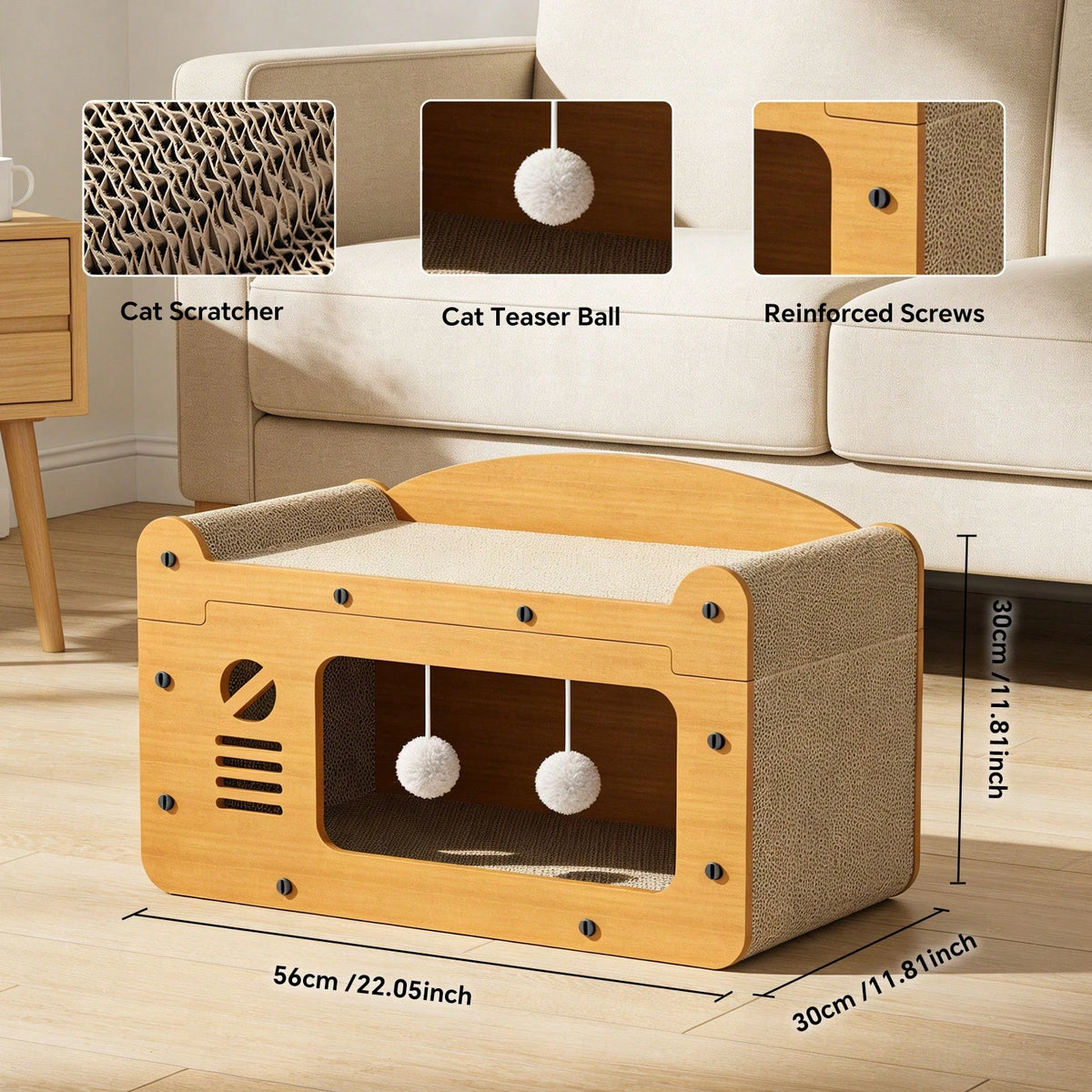 2 In 1 Double Layer Cardboard Cat Scratcher Lounge Bed  Detachable Upper Platform With 2 Hanging Pom Pom Balls