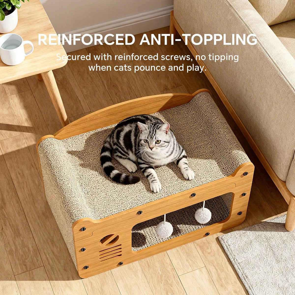 2 In 1 Double Layer Cardboard Cat Scratcher Lounge Bed  Detachable Upper Platform With 2 Hanging Pom Pom Balls