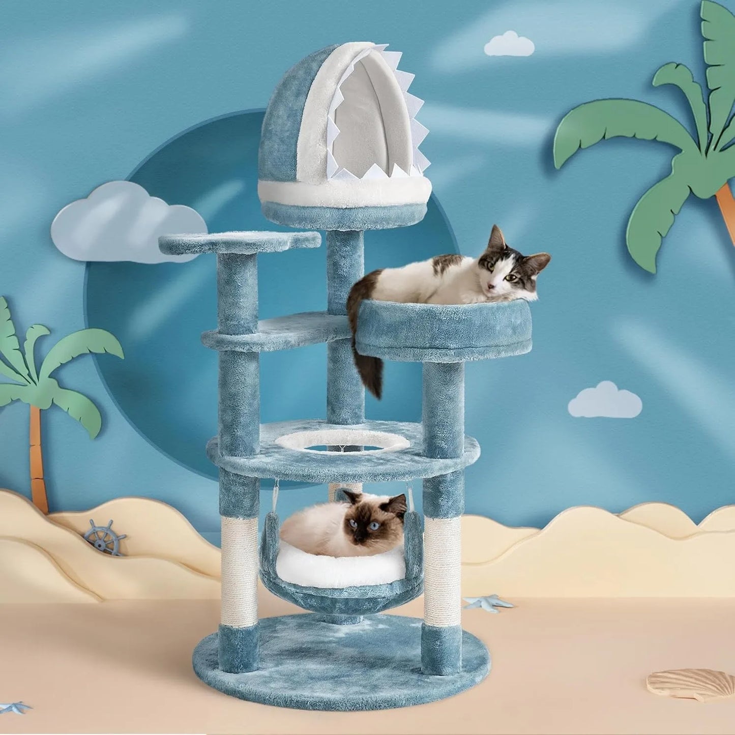 45.5in Ocean-Themed Cat Tree Multi-Level Cat Tower, Plush Pet Furniture with Shark's Mouth-Shaped Nest, Sea Star-Shape