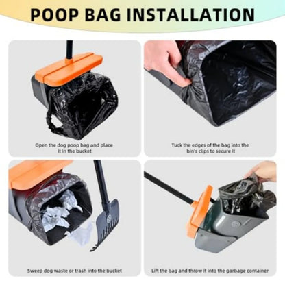 46" Pooper Scooper Swivel Bin & Rake for Large Small Dogs with Bag Attachment,