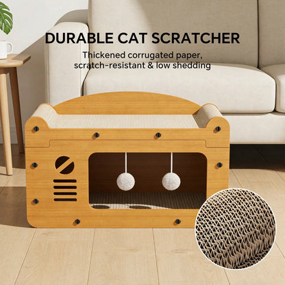 2 In 1 Double Layer Cardboard Cat Scratcher Lounge Bed  Detachable Upper Platform With 2 Hanging Pom Pom Balls