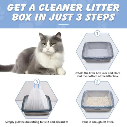 30 Count Cat Litter Box Liners With Drawstring Heavy-Duty Extra-Thick Bags Tear And Leak Resistant Odor Barrier