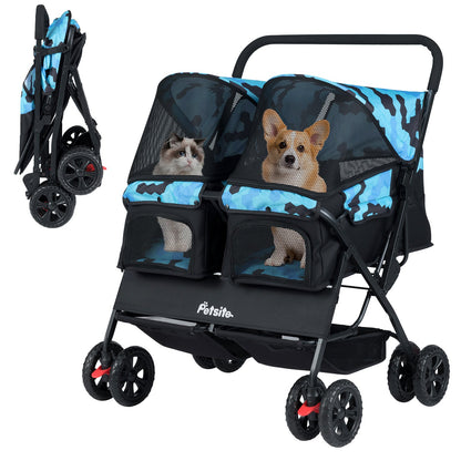 Foldable Double Pet Stroller with Adjustable Sunshade and Storage Basket
