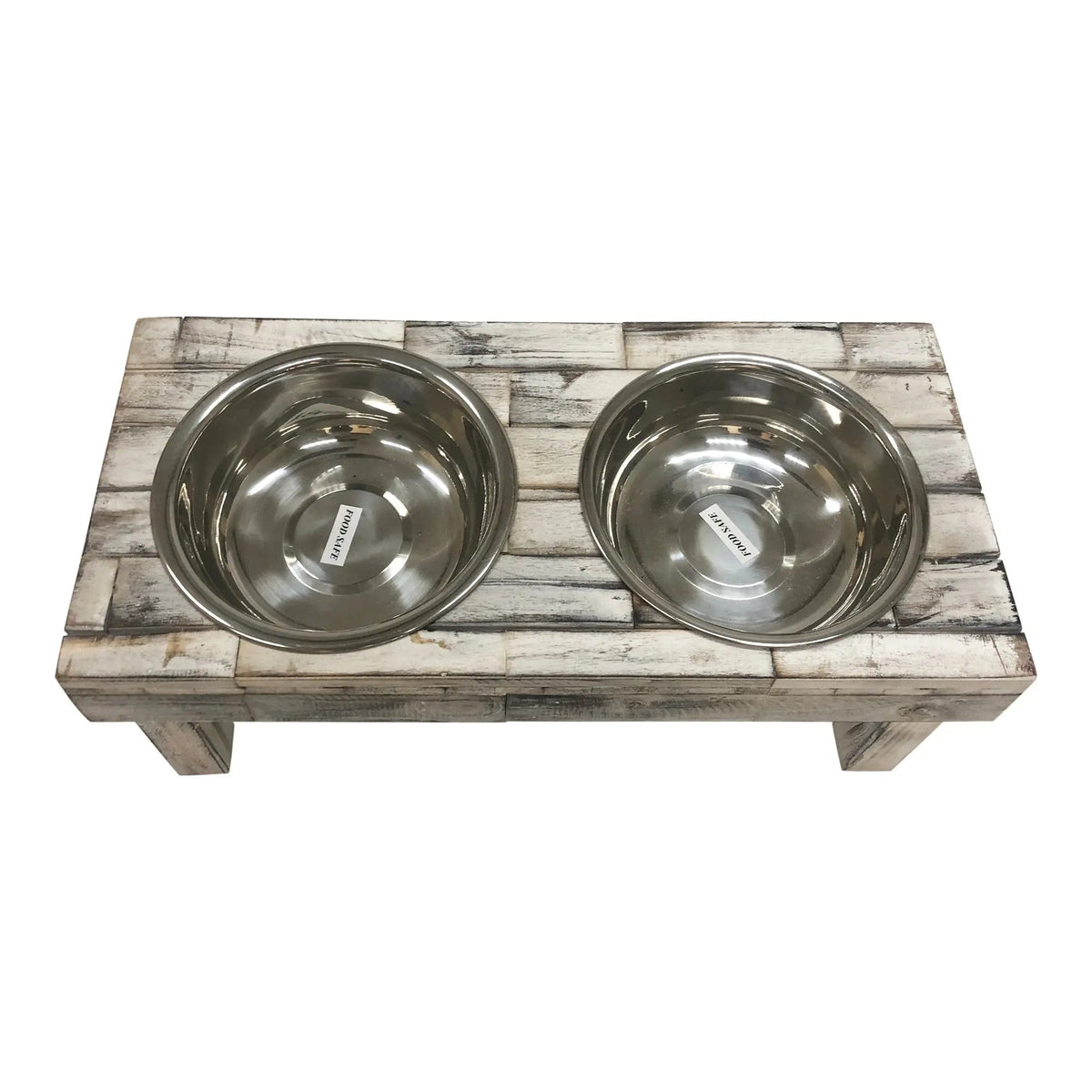 Huntley Pet Berjen Table Elevated Double Bowl Pet Feeder, White Wash