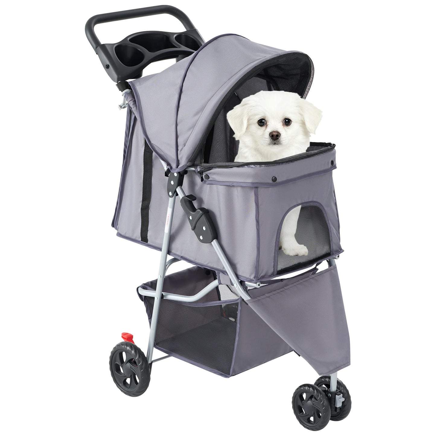 JHK 3 Wheels Foldable Pet Stroller for Small Dogs and Cats with Mesh Windows Storage Basket Cup Holder