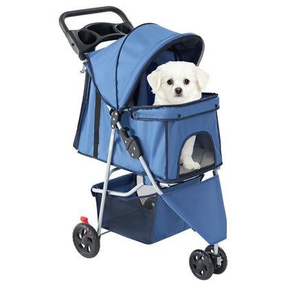 JHK 3 Wheels Foldable Pet Stroller for Small Dogs and Cats with Mesh Windows Storage Basket Cup Holder for Outdoor Use