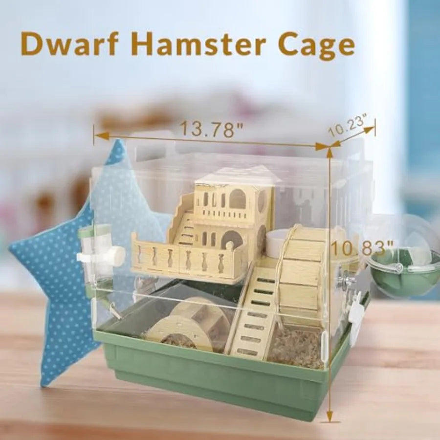 8 in 1 Acrylic Hamster Cage, 2-Tier Dwarf Hamster Cage with Wooden Wheel and Hideout,