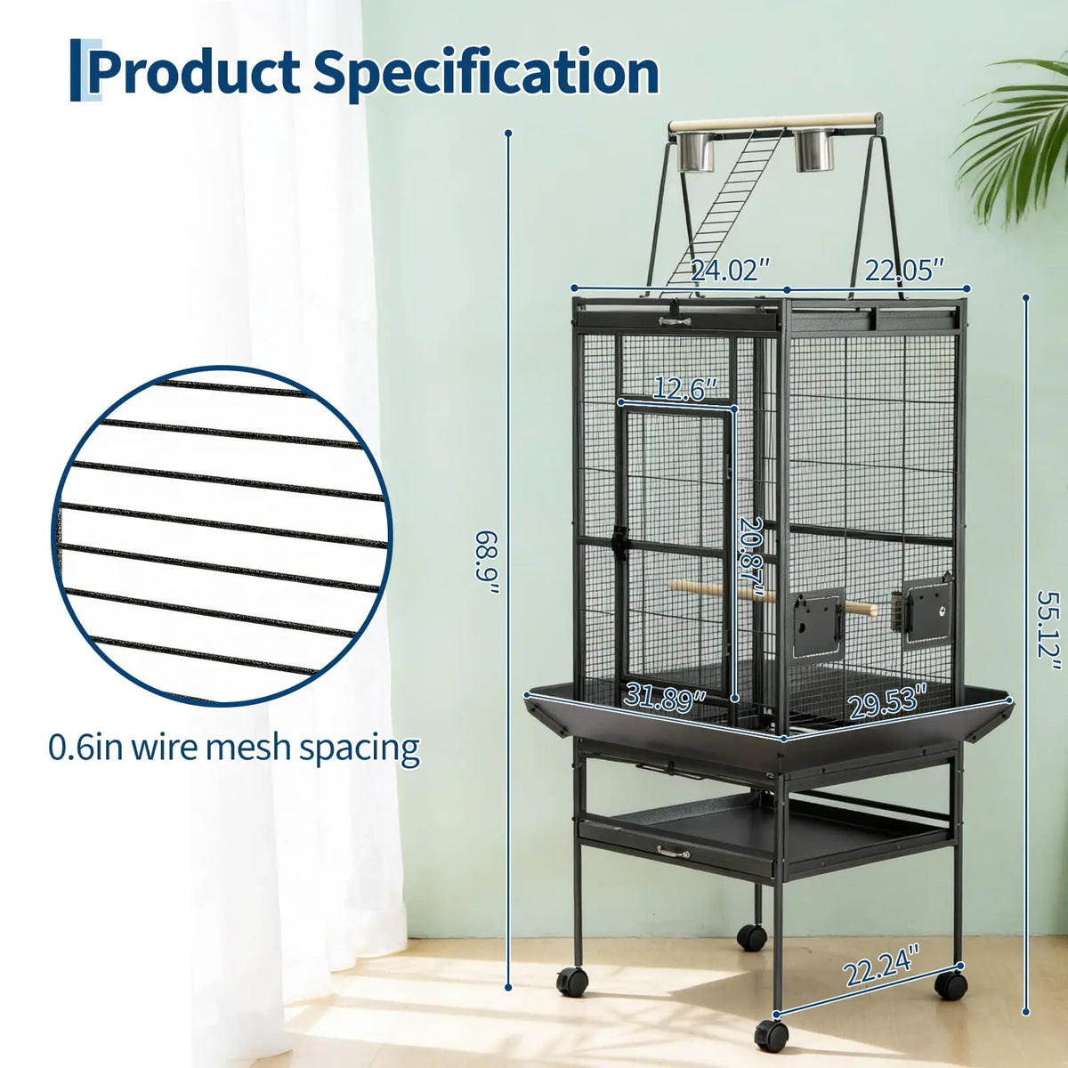 69" Extra Large Bird Cage with Rolling Stand & Play Top