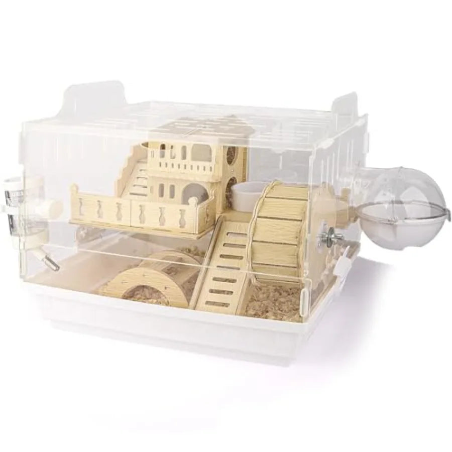 8 in 1 Acrylic Hamster Cage, 2-Tier Dwarf Hamster Cage with Wooden Wheel and Hideout,