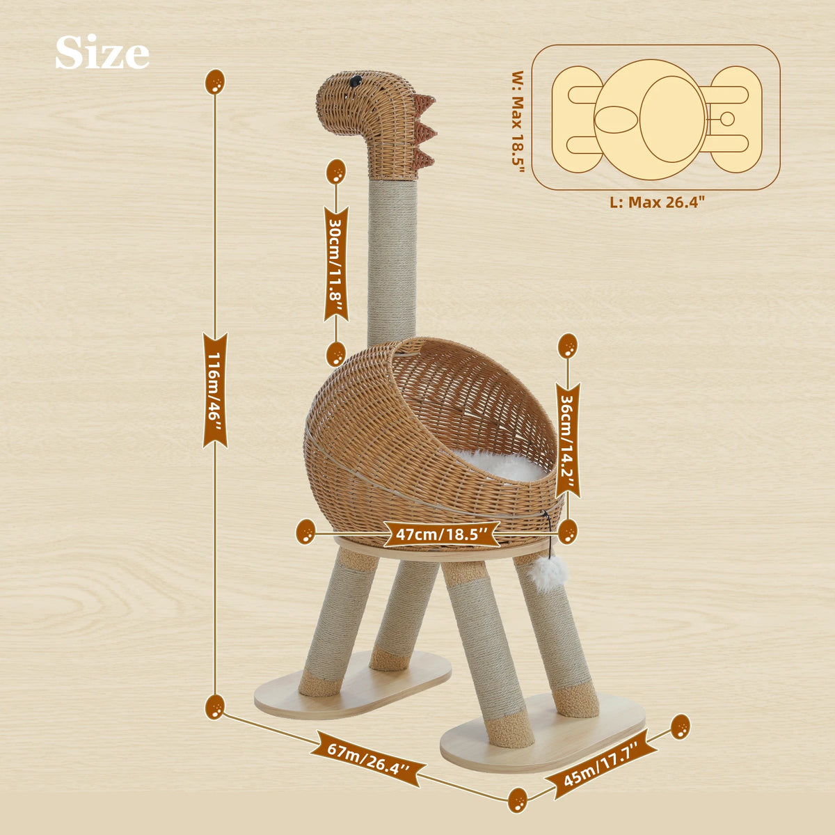 Dinosaur Cat Tree Tower with Sisal Scratching Post Large Rattan Cat Condo