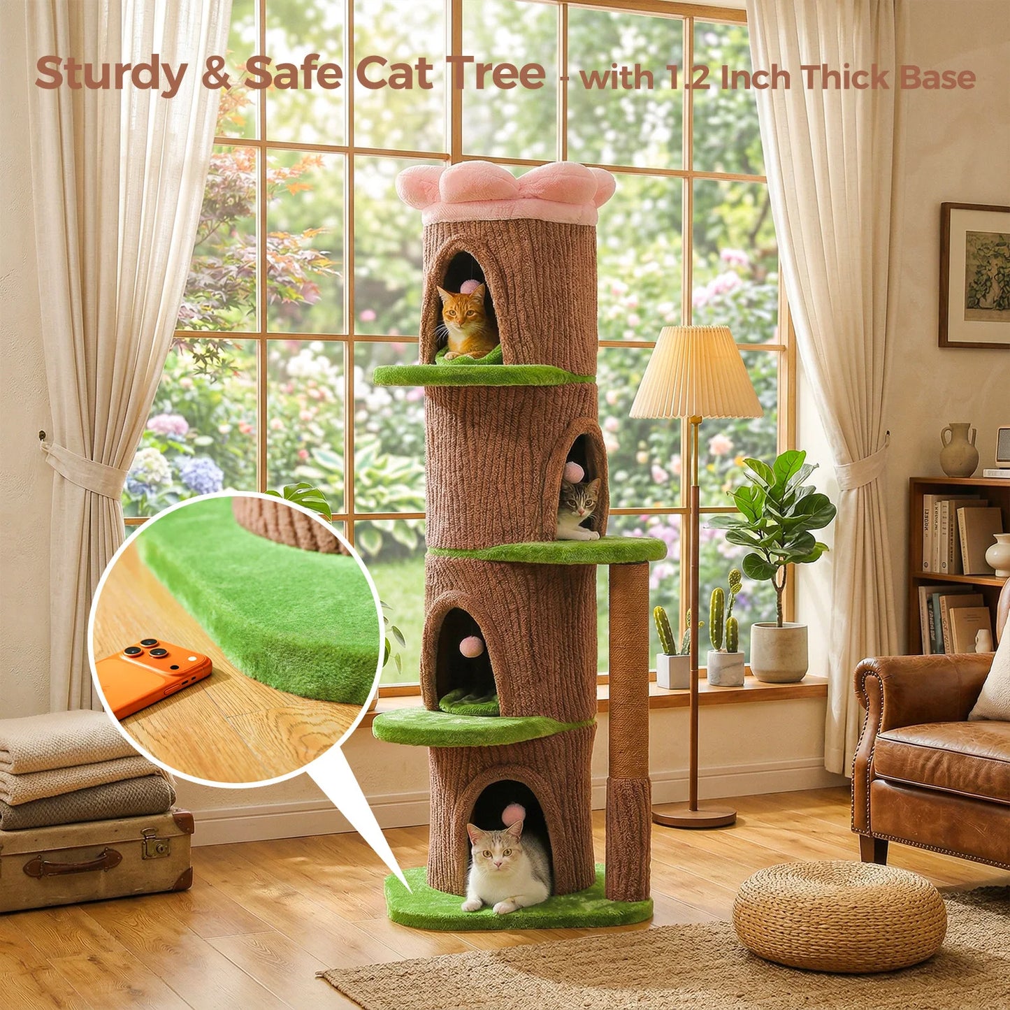 Large Cat Tree with 4 Spacious Condos Thick Scratching Post Flower Top Bed,  Indoor Luxury Cat House