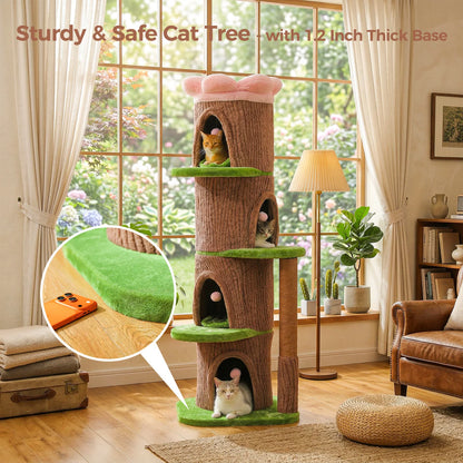 Large Cat Tree with 4 Spacious Condos Thick Scratching Post Flower Top Bed,  Indoor Luxury Cat House