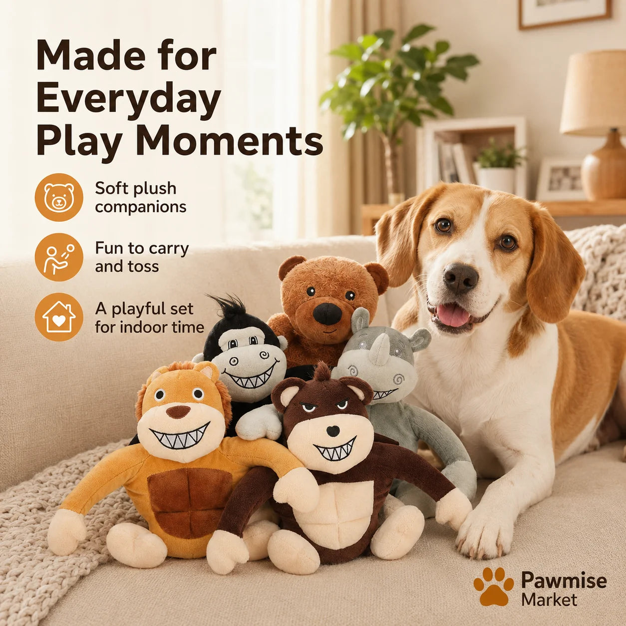 5-Piece Squeaky Plush Pet Toys Set - Lion, Bear, Rhino, Monkey & Chimpanzee - Durable Soft Chew Toys for Dogs & Cats