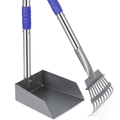 Dog Pooper Scooper Tray and Rake Set, Stainless Handles